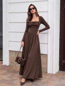 Da Jade Autumn/Winter Essential Square Neck Ruched Waist Long Sleeve A-Line Dress, Elegant Draped Slimming Long Dress, Suitable For Casual And Party Wear - Coffee Brown - View 5
