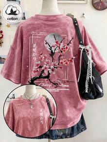 Plus Size Women's Washed Cotton Short Sleeve T-Shirt, Graphic Design, Vintage Fit, Y2K Street Style Halloween Autumn Plus Size Women's Clothing, Casual Summer - Hot Pink - View 8