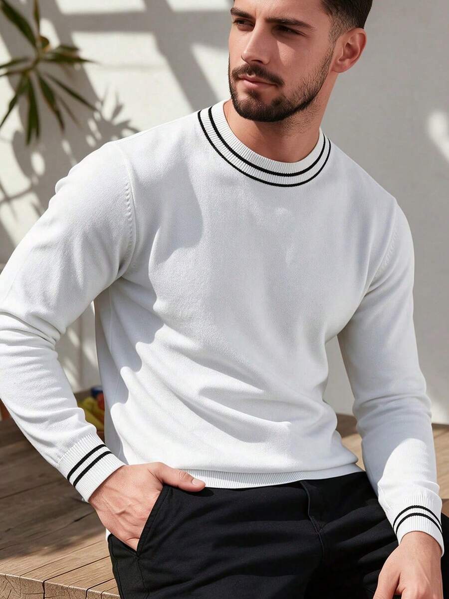 Sweater Rajut Lengan Panjang Leher Bulat Gaya Minimalis untuk Pria - Putih - View 1