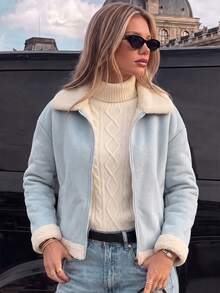 Women's Lapel Lamb Wool Jacket, Autumn/Winter Zipper Warm Fur-Lined Coat - Blue - View 5