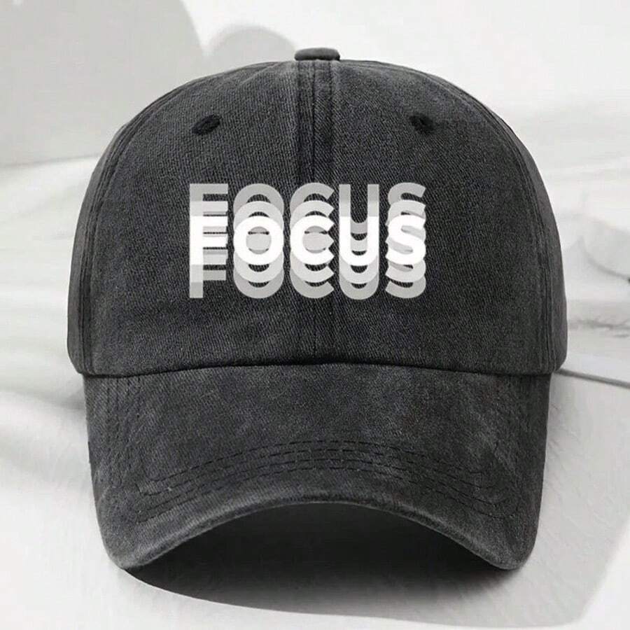 1pc FOCUS Print Baseball Cap, Adjustable Washed Cotton Curved Brim Dad Hat Unisex Outdoor Sun Hat Letter Street Print Windproof All Season - Multi-color - View 1