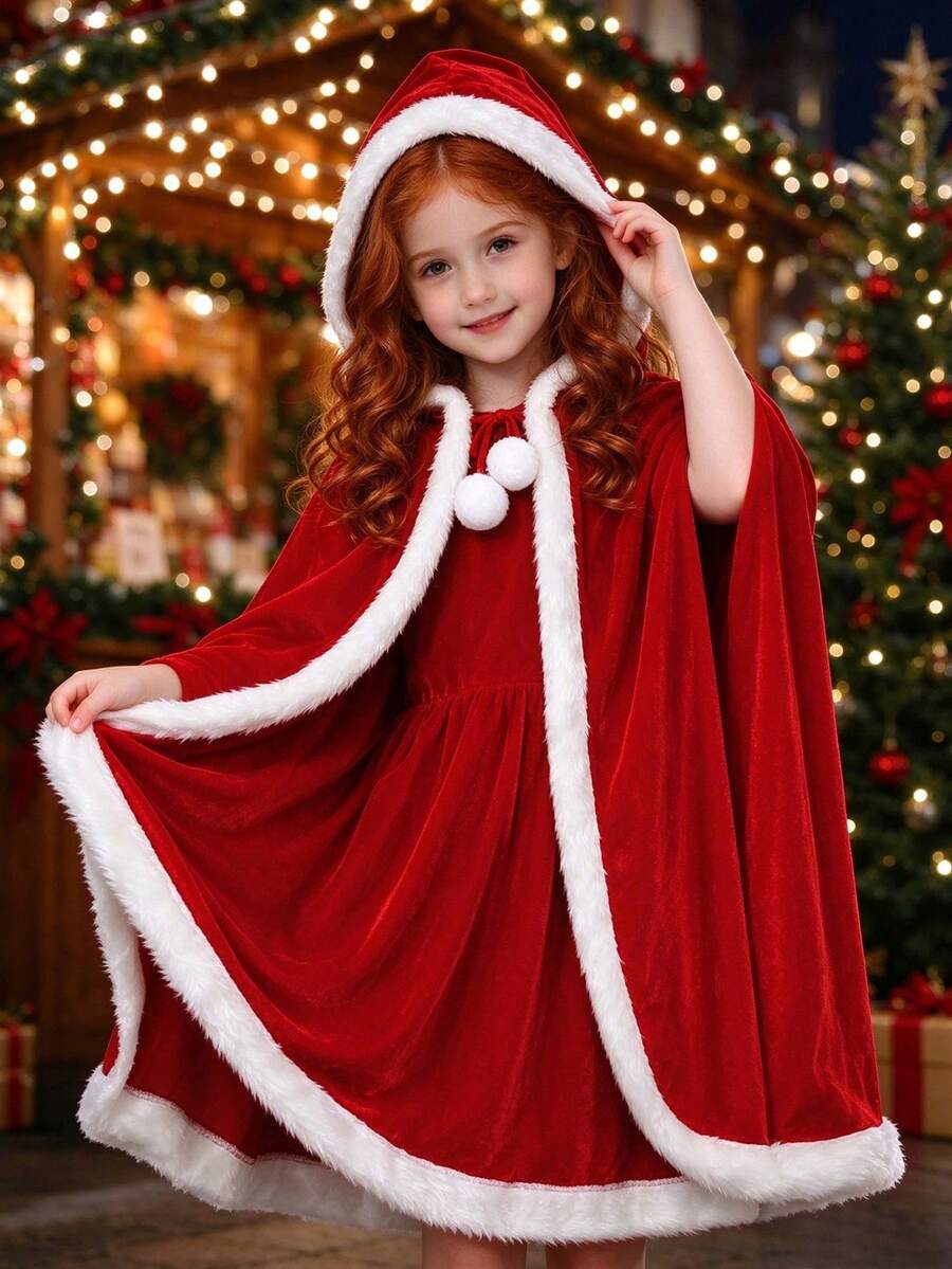 1pc Christmas Red Plush Hooded Cape, White Fur Trim Cloak, Soft Plush Edging, Suitable For Boys And Girls - Multicolor - View 1