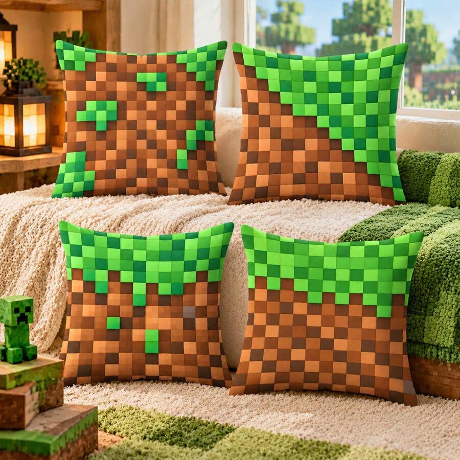 1pc/4pcs Pixel Grass Block Print Pillow Case, Suitable For Living Room Sofa Bedroom Daily Home Decor, Applicable For Daily Home Decor Pillow, Pillow Insert Not Included - Multi-color a - View 1