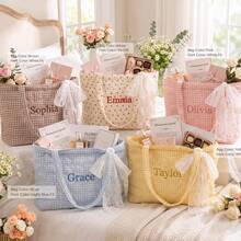 TONGFANTECH Personalized Quilted Plaid Tote Bag, Customized Name Embroidered Lace Bow Shoulder Bag, Bridesmaid Invitation Gift Bag, Reusable Large Capacity Shopping Handbag - Multicolor - View 2