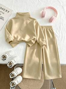 Girls Cartoon Graphic Print Solid Color Sportswear Set, Minimalist Design, Comfortable For Spring, Autumn, Winter, 2 Pieces - Apricot - View 2