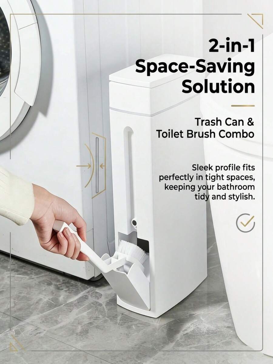 Slim Corner Bathroom Trash Can With Toilet Brush, Space-Saving Compact Plastic Garbage Can, Bathroom Trash Can, Multifunctional Bathroom Accessory