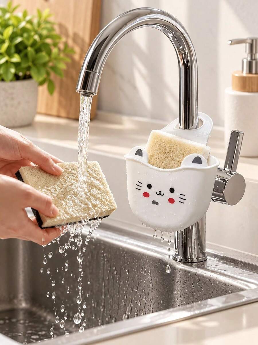1pc Cute Cat Sink Organizer, Faucet Sponge Holder, Holiday Kitchen Prep Tool, Tool-Free Hanging Drain Basket, Silicone Soap Brush Storage