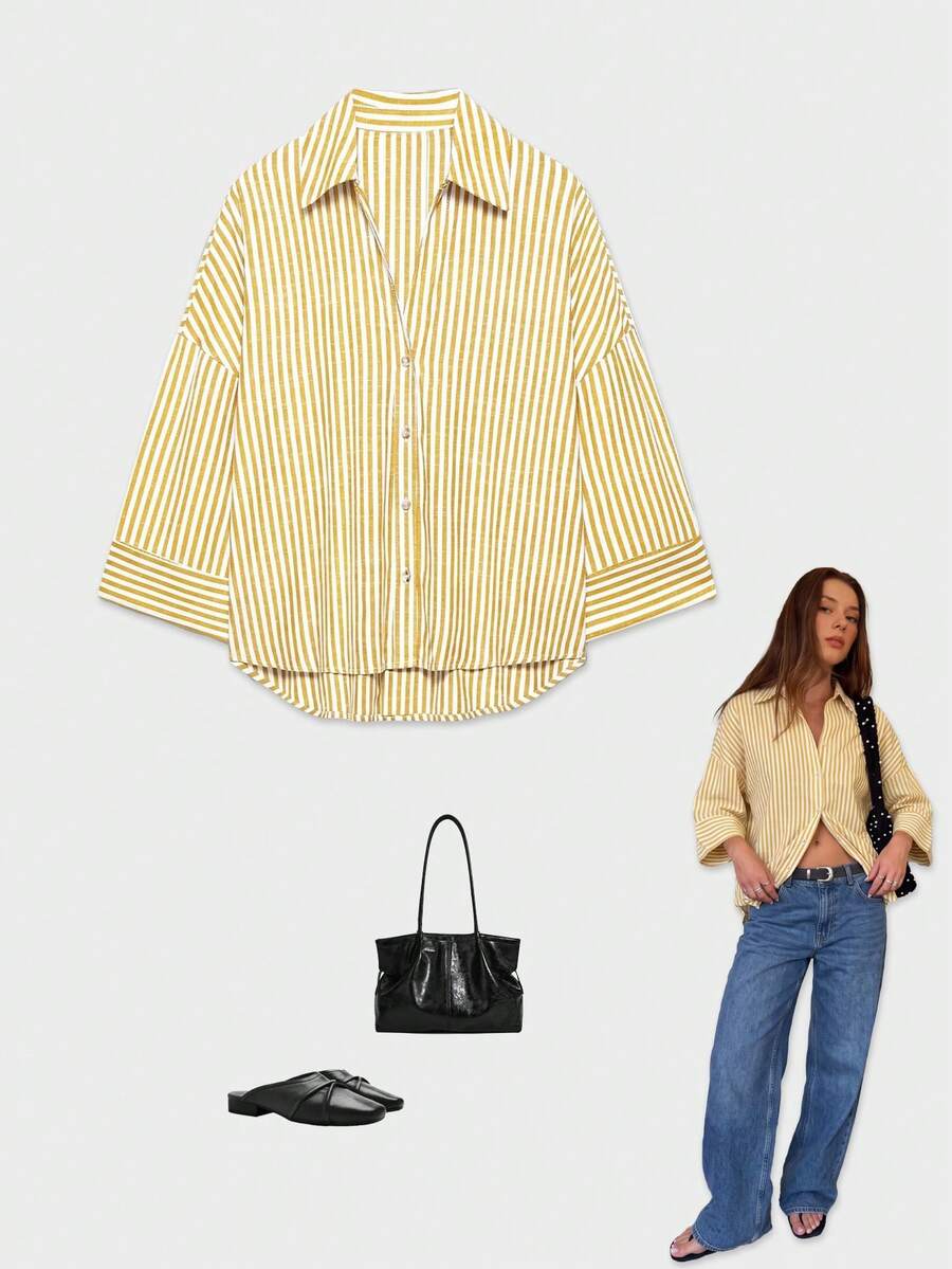 YROOE Women's Autumn & Winter/Spring & Summer French Vintage Casual Versatile Striped Lapel Wide Sleeve Shirt - Ginger - View 1