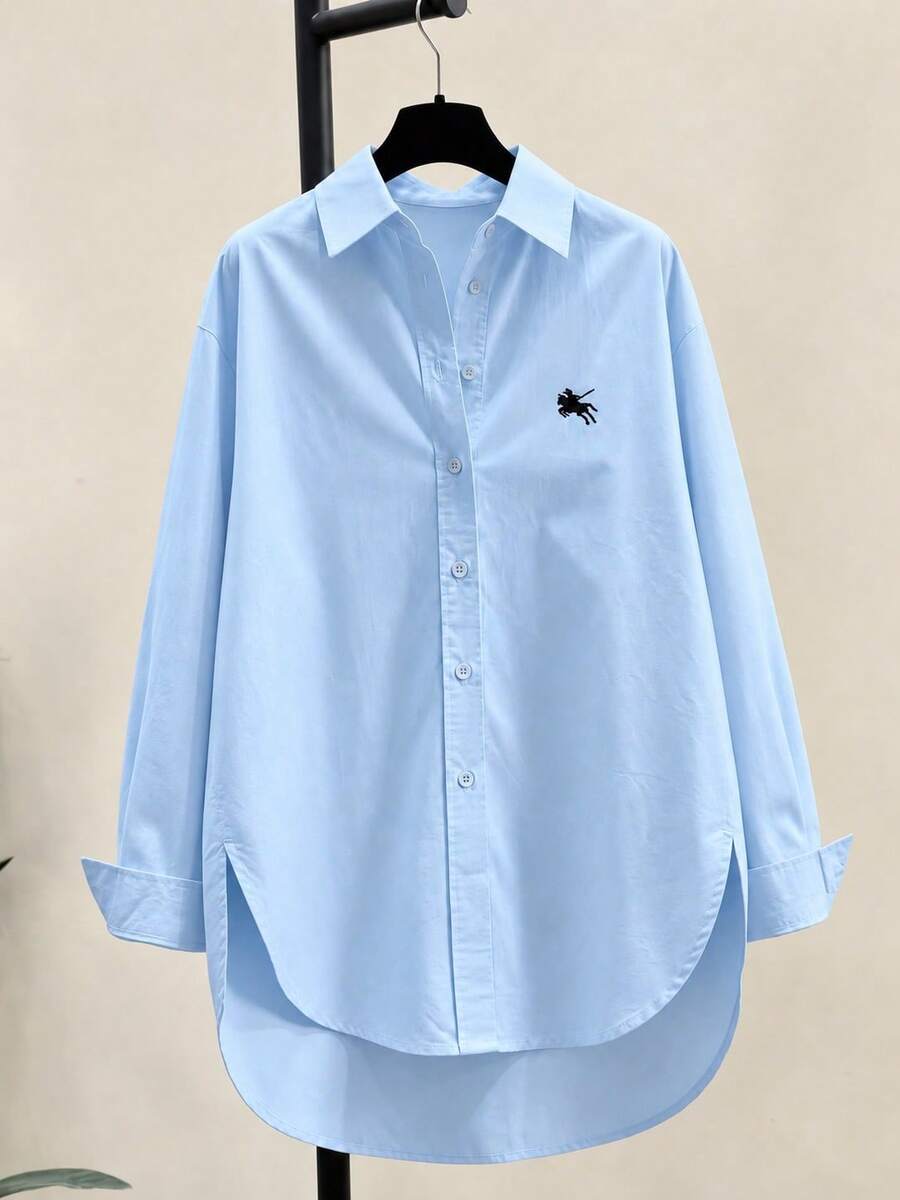 Women's Fashion New Knight Embroidery Button Shirt Spring - Light Wash - View 1