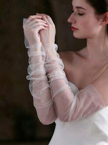 1 Pair Minimalist White Long Arm Cover Bridal Gloves Wedding Evening Dress Accessories - White - View 3