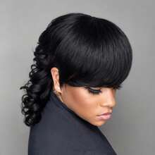 Layered Wolf Cut Brazilian Remy Human Hair Wig, Loose Wavy Short Bob Pixie Cut Wig With Bangs, Full Machine Made Glueless Wig For Women - Natural Black - View 2