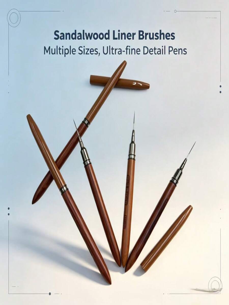 Engraved Sandalwood Nail Art Striper Pen, Multi-Size Line Brush With Protective Cap For UV Gel