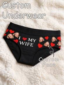 1pc Personalized Men's Underwear With Custom Face Photo And Text Print, Funny Novelty Gift, Valentine's Day Summer Beach Wear - Black - View 1