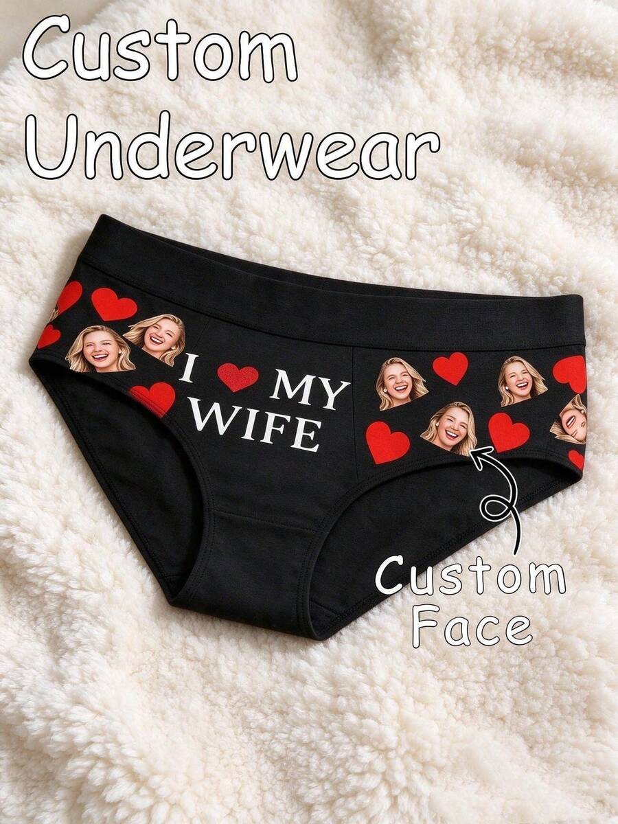 1pc Personalized Men's Underwear With Custom Face Photo And Text Print, Funny Novelty Gift, Valentine's Day Summer Beach Wear - Black - View 1