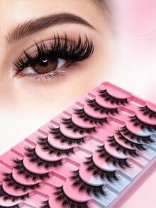 10 Pairs Classic Russian Mink Cat Eye False Eyelashes, Natural D-Curl Voluminous Strip Lashes, Suitable For Daily Wear/Party Makeup And Various Occasions - Black - View 1