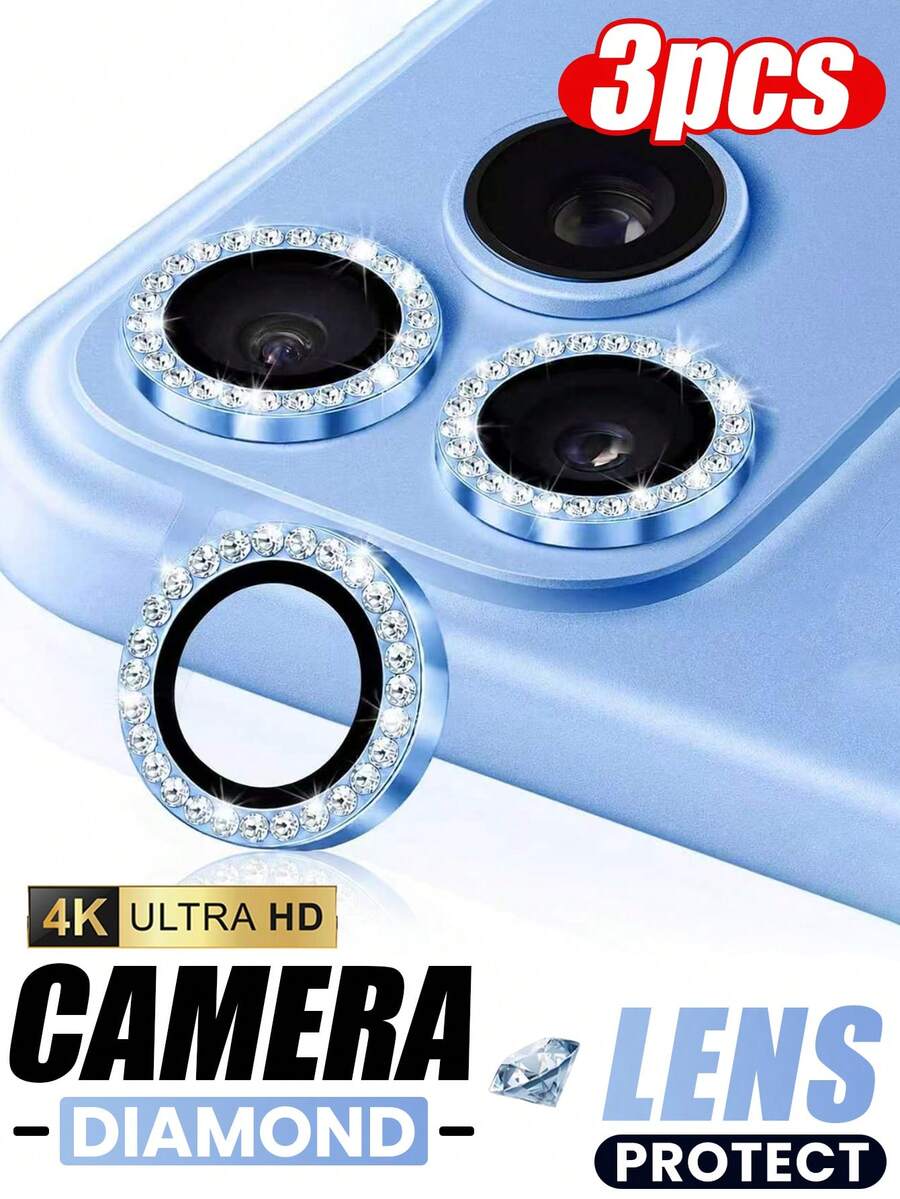 3片裝相機鏡頭保護膜，適用於 iPhone 18 Pro/18 Pro Max，超清晰 9H 鋼化玻璃鏡頭蓋，附裝飾金屬環（鑽石風格 - 冰川藍） - 淺藍色 - 查看 1