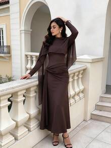Women's Romantic Elegant Fashion Cape Design Chiffon Asymmetrical Knit Ruched Design For Date Party Vintage Back Water Drop Button Autumn/Winter - Brown - View 1