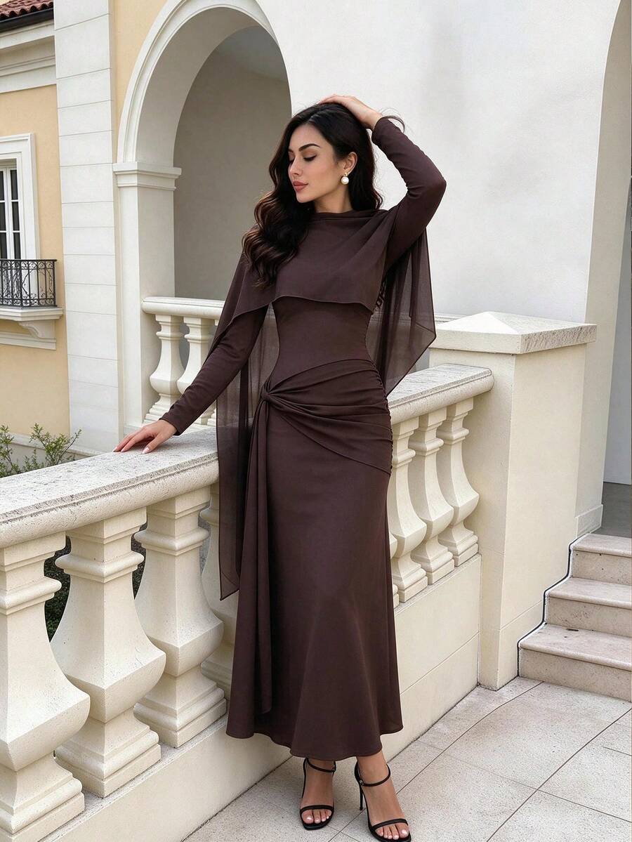 Women's Romantic Elegant Fashion Cape Design Chiffon Asymmetrical Knit Ruched Design For Date Party Vintage Back Water Drop Button Autumn/Winter - Brown - View 1