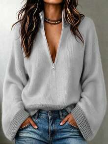 Women's Light Gray Contrast Trim Half Zip Stand Collar Drop Shoulder Oversized Knit Pullover Sweater, Casual Versatile Fall Winter Daily Wear - Light Grey - View 1