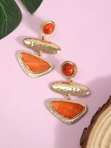 Vintage Orange Pattern Three-Layer Geometric Pendant Earrings, Hammered Metal Exotic Style Long Earrings - Orange - View 6