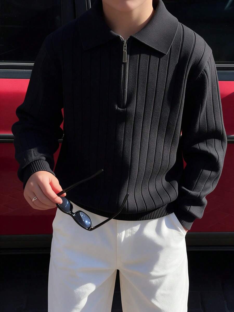 Boys 1/4 Zip Ribbed Knit Polo Sweater, Long Sleeve Collared Casual Solid Color Autumn/Winter Top - Black - View 1