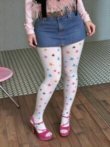 1 Pair Women's Colorful Star White Tights, Fun And Cute Leggings, Suitable For Cosplay Parties - Multicolor - View 6
