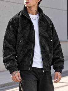 Men's Autumn/Winter Zipper Baseball Jacket | Stand Collar, Vintage Distressed Faux Suede Texture, Ribbed Cuffs & Hem, Side Pockets + Inner Pockets, Casual Streetwear Jacket - Black - View 3