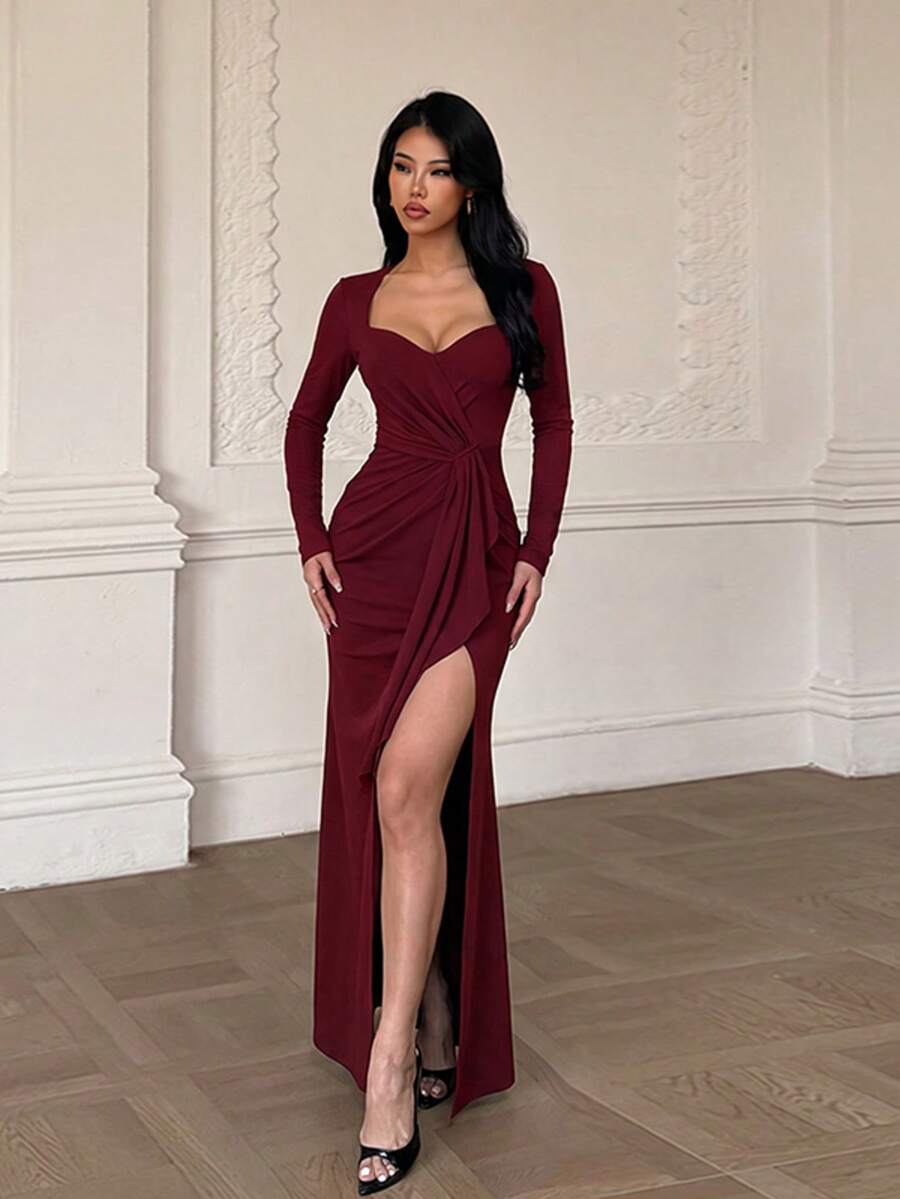 Elegant Women's Long Sleeve V-Neck Fitted Knit Dress, Ruched Design, Thigh Slit, Suitable For Formal Occasions - Burgundy - View 1