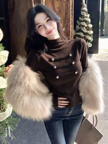 Vintage Hot Girl Style High Neck Long Sleeve T-Shirt, Slim Fit Flattering Top For Women, Autumn Versatile - Dark Brown - View 7
