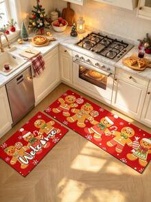 1/2pcs Christmas Kitchen Decor Rug, Christmas Gingerbread Man Pattern Design Winter Kitchen Carpet And Mat, Non-Slip Washable Absorbent Kitchen Accessories Decor Mat, Christmas Holiday Gift! - Multicolor - View 2