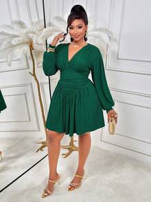 BIUBIU Đầm mini tay dài size lớn màu xanh lục bảo thanh lịch, cổ chồng tôn dáng, eo nhún ôm sát, phù hợp cho trang phục tiệc lễ hội - Màu xanh lá cây đậm - Xem 5