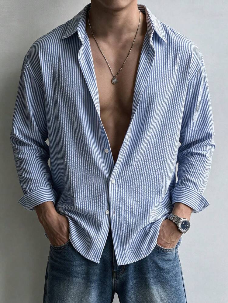 Men's Casual Fashion Striped Textured Versatile Minimalist Elegant Style Loose Thin Shirt - Blue - View 10