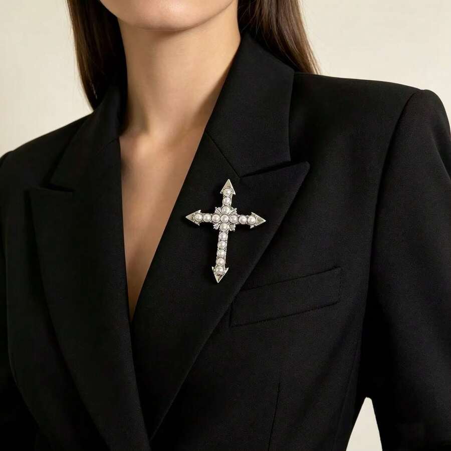 Cross Brooch With Pearl For Women, Vintage Arrow Design Luxury Brooch Accessory For Blazer - Arrow-shaped - View 1