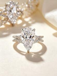 1pc 5ct Shiny Pear-Shaped Solitaire Ring, Cross-Split Side Stones, Luxury Engagement Ring For Bridal Party And Daily Wear - Style a - White - View 5