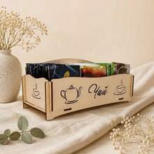 Carved Wooden Tea Bag Storage Box, Teapot & Teacup Line Carving, Multi-Compartment Desktop Tea Bag Organizer - Champagne - View 3