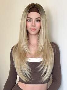 NAMM Extra Long Straight Ombre Blonde Headband Wig Dark Roots, Glueless Synthetic Fiber Layered Half Wigs For Women Daily Wear Party Use 29 Inch ( Ombre Brown, Ombre Grey ) - Multicolor - View 2