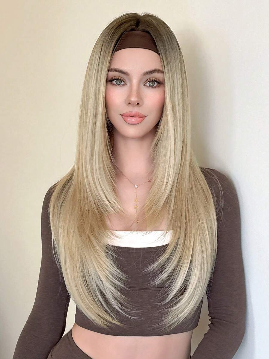 NAMM Extra Long Straight Ombre Blonde Headband Wig Dark Roots, Glueless Synthetic Fiber Layered Half Wigs For Women Daily Wear Party Use 29 Inch ( Ombre Brown, Ombre Grey )