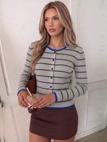 Korean Style Colorblock Striped Slimming Knit Cardigan Women's Autumn Fitted Long Sleeve Knit Top - Grey - View 4