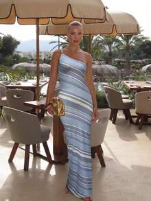 1pc Colorblock Striped Sexy Party Elegant Polyester Asymmetrical/Asymmetrical Backless Slit Dress For Beach Party, Birthday Party, Graduation Party, Date, Formal Dinner, Wedding Guest, Graduation Ball, Spring/Summer New - Sky Blue - View 10