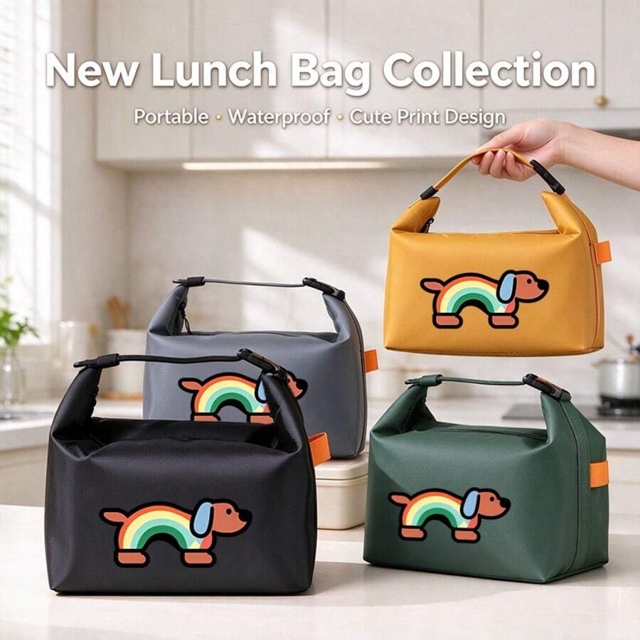 1pc Cartoon Rainbow Dachshund Insulated Lunch Bag, Multi-Color Bento Box Tote, Foldable Large Capacity Handbag For Students, Office Workers, Commuting, Outdoor Picnic Lunch - View 1