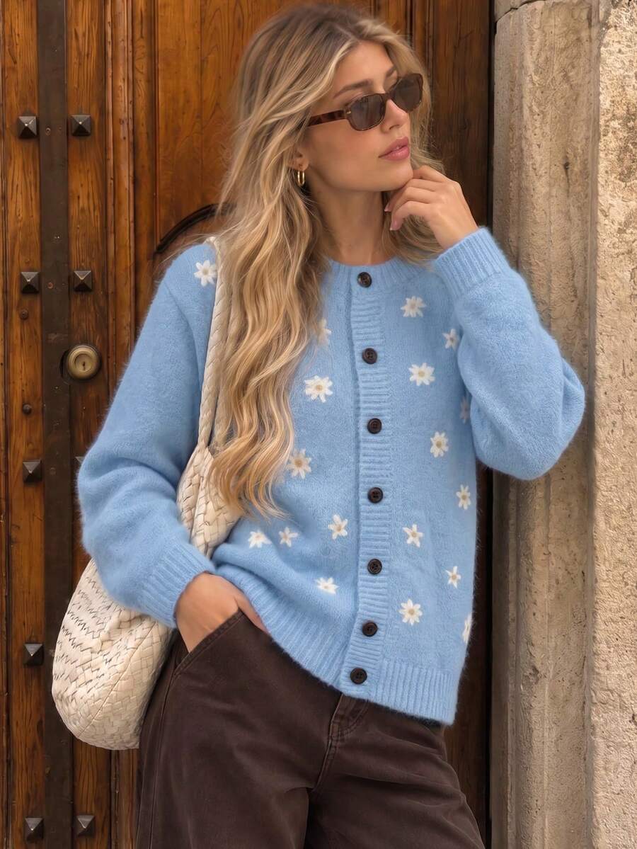 Women Fall Winter Blue Floral Knit Cardigan Cute Mini Flower Button ...