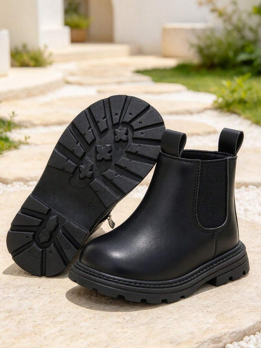 1 Pair Boys' Short Chelsea Boots, Soft PU + Elastic Fabric Material, Round Toe, Elastic Soft Sole, Inner Zipper Design, Minimalist British Style Ankle Boots, Suitable For Boys And Girls Students, Daily Campus, Holiday Parties