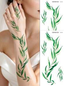 2Sheets Large Temporary Tattoo Stickers - Realistic Green Ivy Leaves, Waterproof Body Tattoos For Neck, Shoulder, Arm - Long-Lasting Fake Plants For Parties, Events, Everyday - Easy Application & Removal - Body Art, Party Accessories - Green - View 2