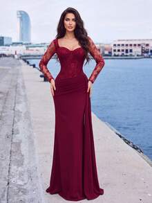 Romantic Long Burgundy Dress, Exquisite Lace Sleeves, Square Neck, Corset-Style Bodice Design, Creating A Charming Look - Burgundy - View 6