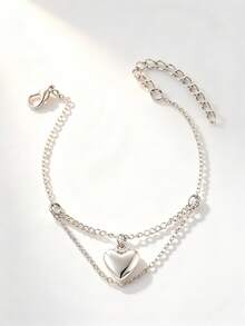 1 Pc Silvery Double Layer Chain Bracelet With Heart Charm, Minimalist Dainty Stackable Wrist Bracelet For Women Daily Fashion Jewelry - Silver - View 2