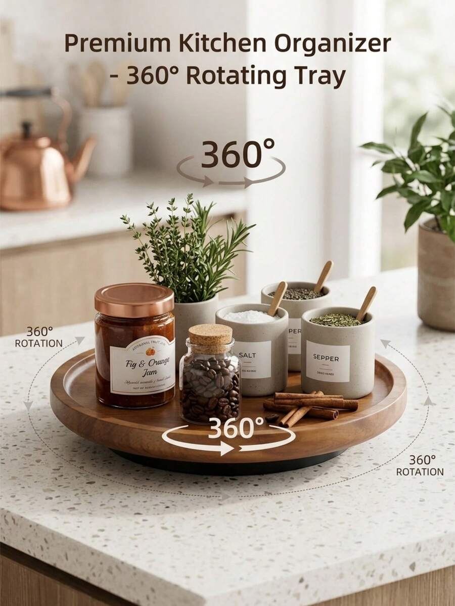 360°旋轉圓形木製轉盤，多功能廚房檯面、櫥櫃與浴室香料收納托盤，易於清潔，父親節、喬遷與生日理想禮物