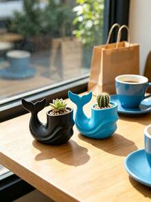 3D Printed Whale Shaped Succulent Planter, Smooth Wave Fish Tail Curved Design, Black White Blue Three Colors. Suitable For Planting Succulents, Cacti, Placing On Windowsill And Desk, Combining Planting Function And Ocean Style Desktop Decoration Effect. - Multicolor - View 8