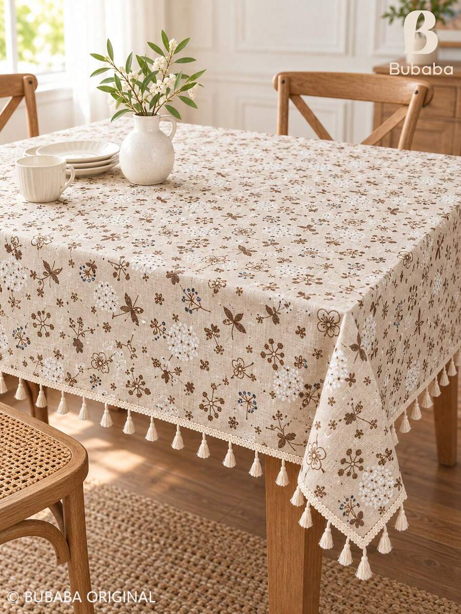Bubaba Beige Vintage Floral Pattern Rectangular Tablecloth With Ivory White Tassel Trim; Made Of Polyester And Cotton Blend Material With Linen-Like Texture; Printed With Coffee Brown Botanical Wildflower Pattern. This Tablecloth Style Is Rustic And Exudes A Country Farmhouse Vibe, Suitable For Kitchen, Dining Room, Gatherings And Daily Home Decor. - Multicolor - View 1