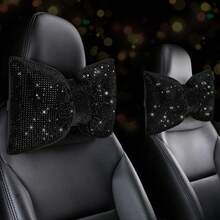 2Pcs Bling Bow Car Headrest Neck Pillow, Plush Fabric, Shiny Rhinestone Decor, Soft Neck Support, Relieve Fatigue, Comfort Travel Sleep Cushion, Cute Car Interior Accessory For Women Drivers - Style a - View 6