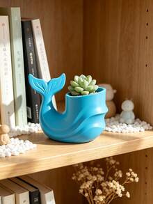 3D Printed Whale Shaped Succulent Planter, Smooth Wave Fish Tail Curved Design, Black White Blue Three Colors. Suitable For Planting Succulents, Cacti, Placing On Windowsill And Desk, Combining Planting Function And Ocean Style Desktop Decoration Effect. - Multicolor - View 4